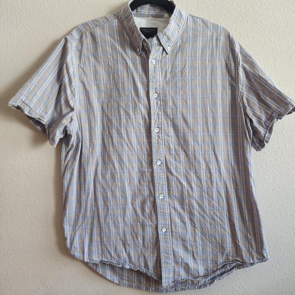Rag & Bone Shirt Mens Large Blue Beige Plaid Button Down Short Sleeve Casual
